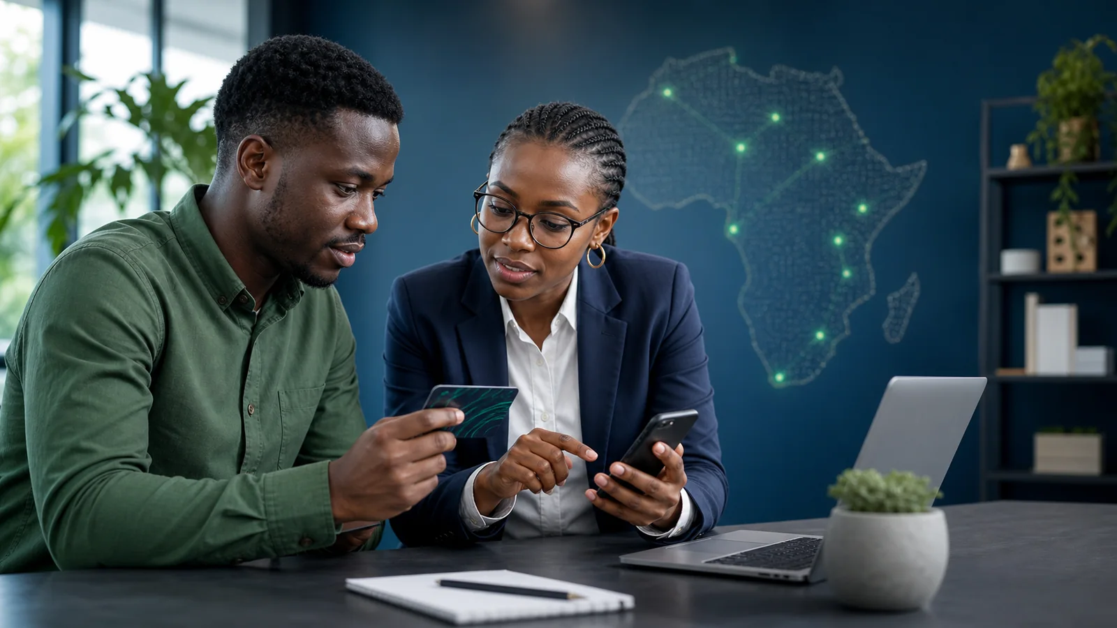 Black African customer and market specialist reviewing a gift card and secure digital wallet payout