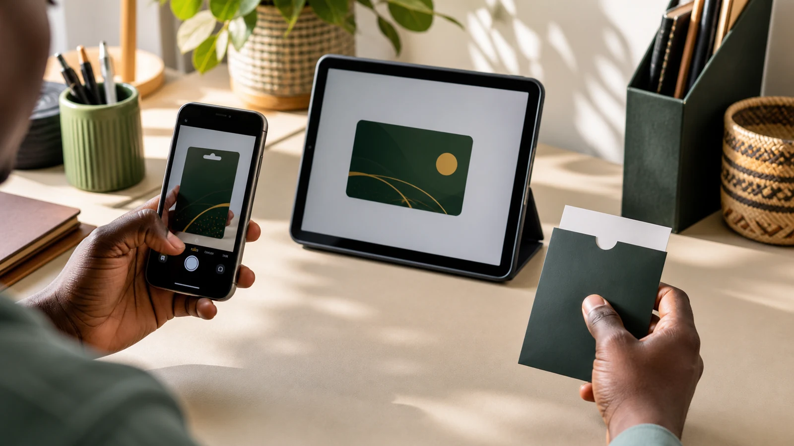 Black customer comparing a physical card photo, electronic card image and protected code-only format