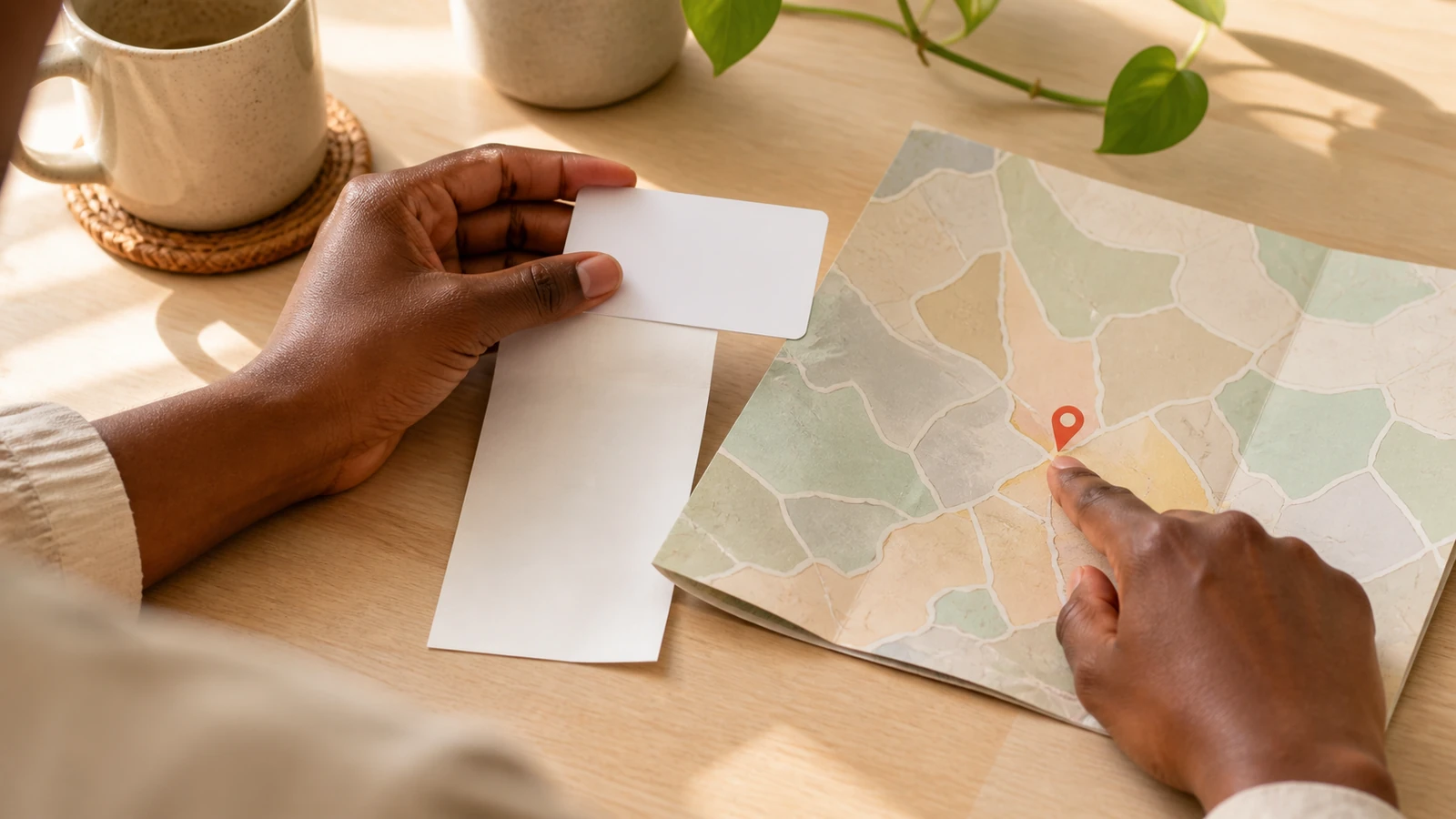 Black customer checking a blank gift card and receipt against a purchase-region map