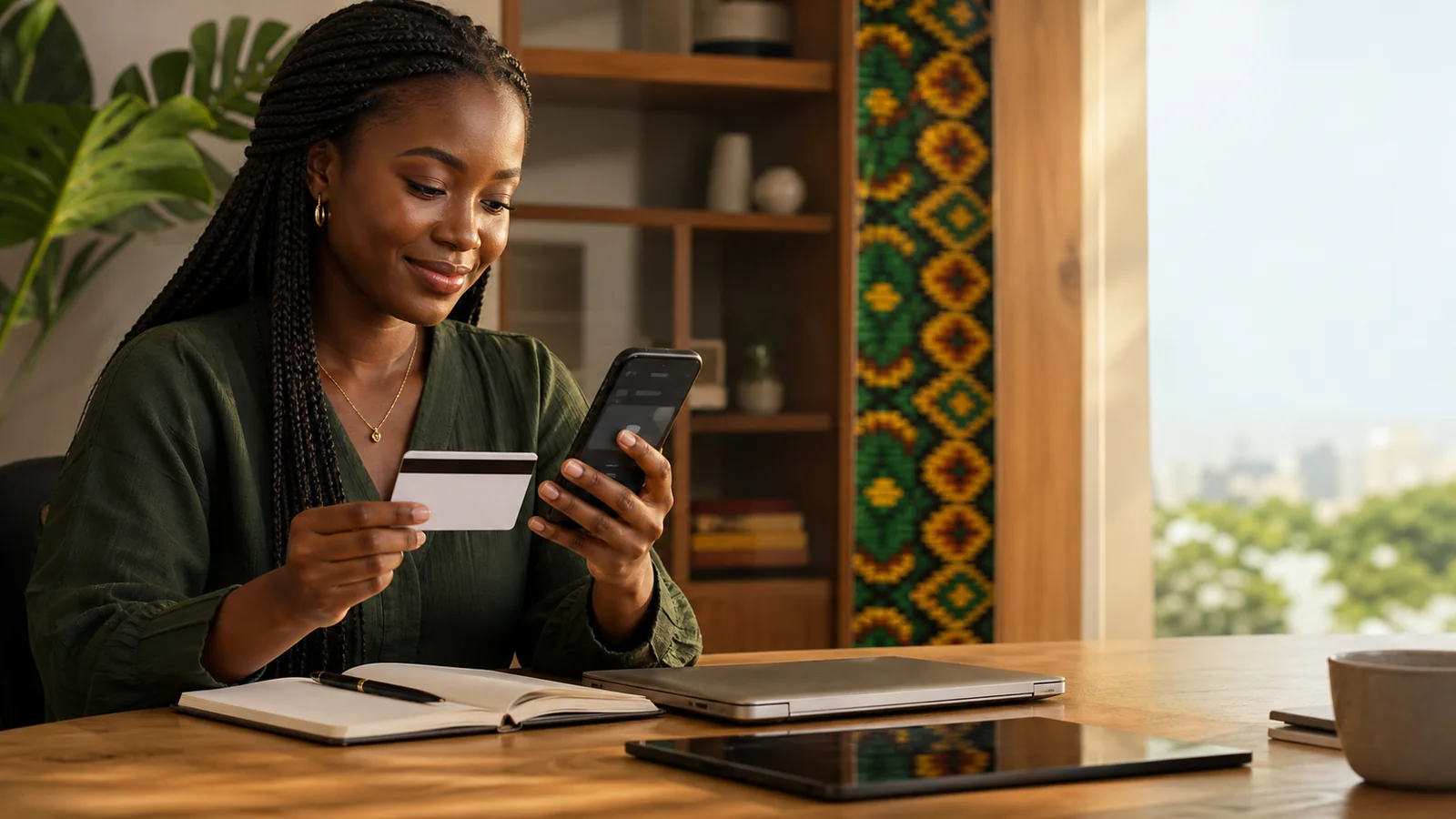 Black Ghanaian customer checking a gift card before a confirmed local bank transfer