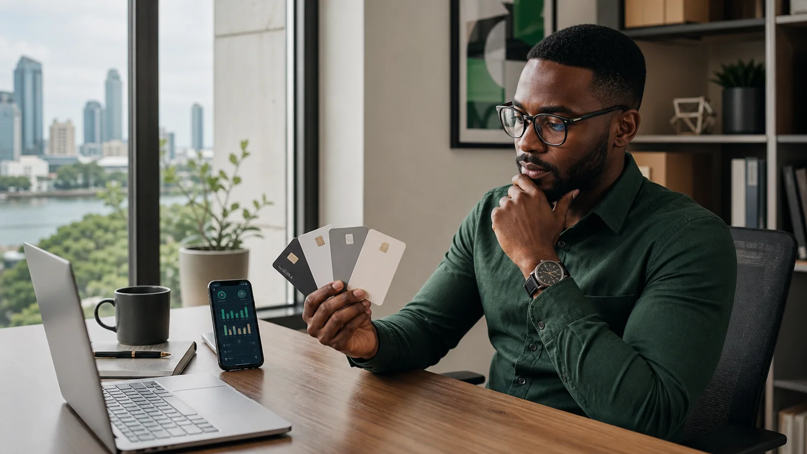 Black Nigerian analyst comparing several gift card quote categories at a Lagos workspace