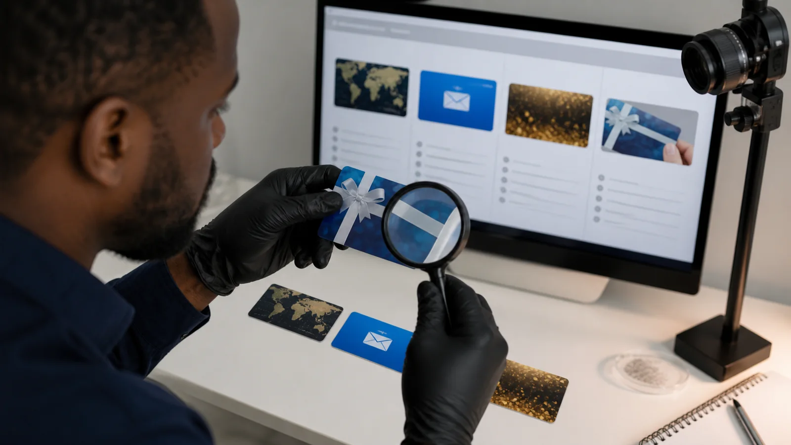 Black verification specialist checking gift card region format denomination and image quality
