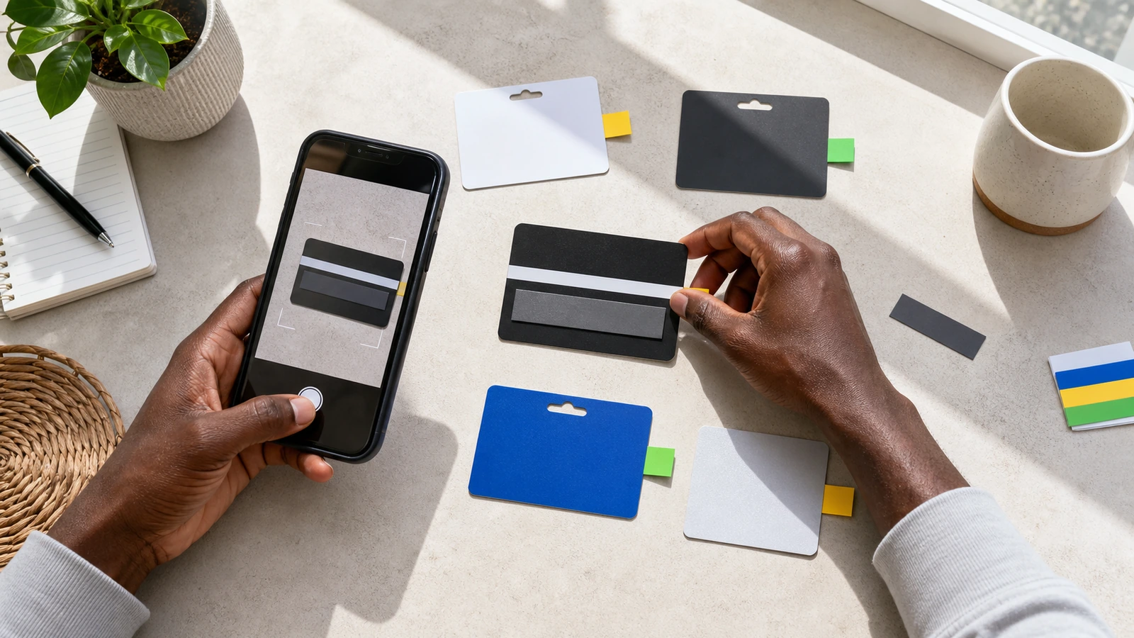 Black customer preparing gift cards for quote photos with sensitive code areas covered