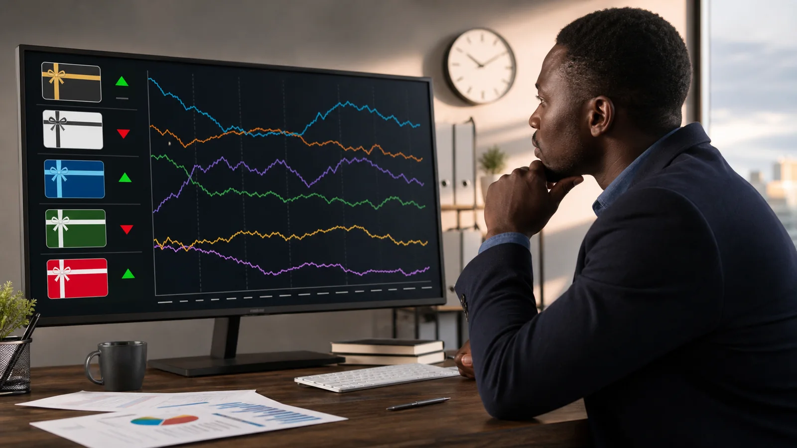 Black market analyst studying intraday gift card demand changes