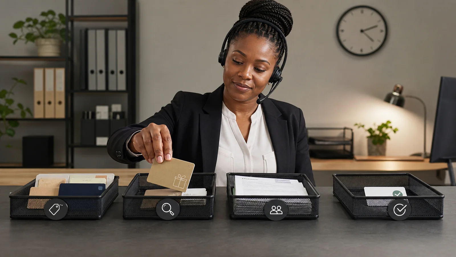 Black operations specialist reviewing the stages of gift card verification