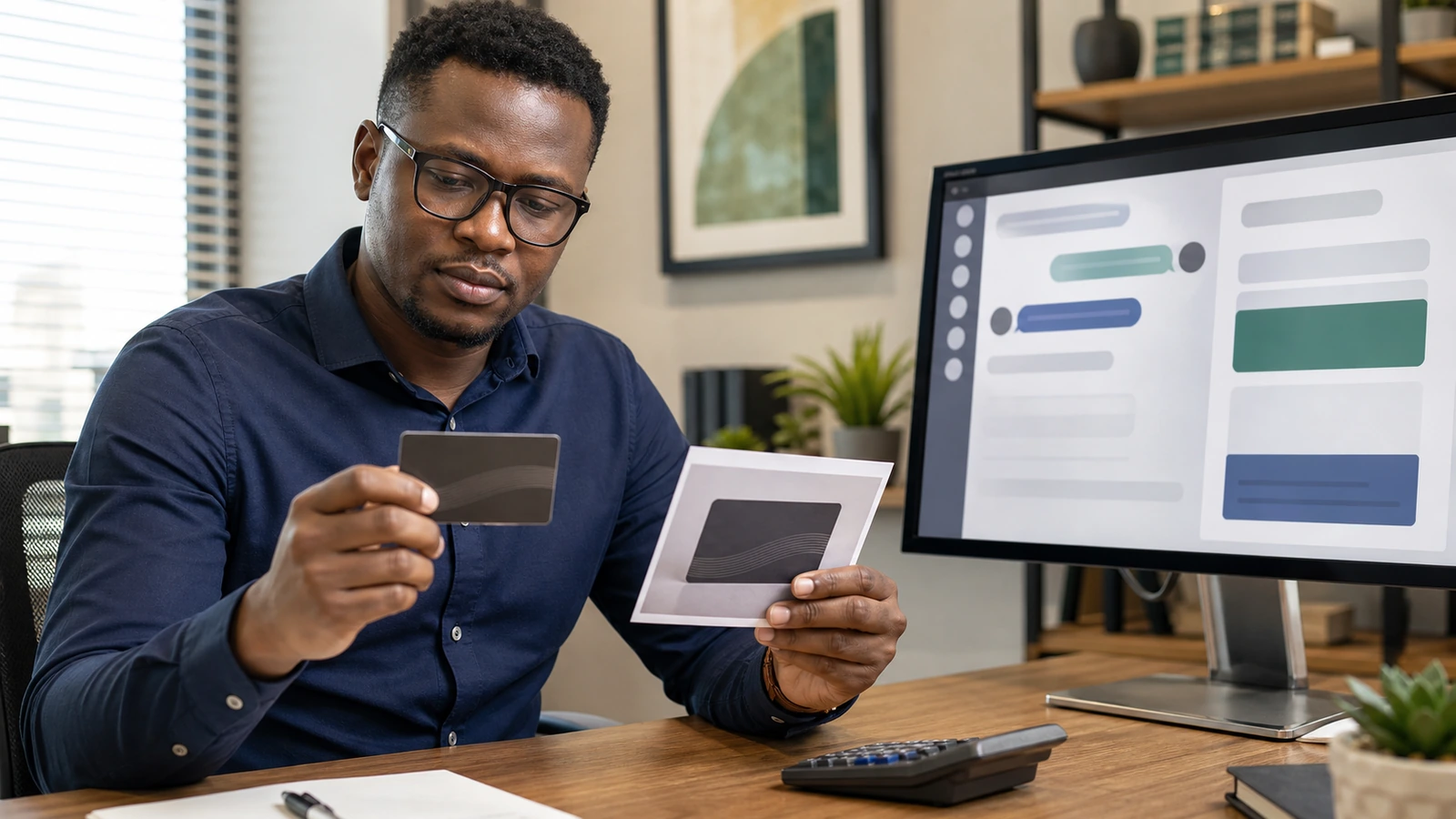 Black market specialist manually reviewing gift card details beside a calculator