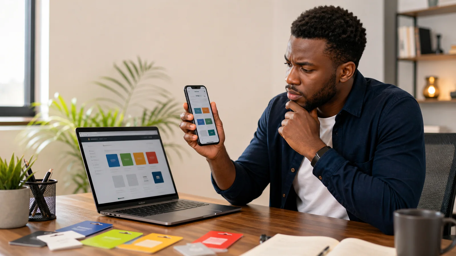 Black customer comparing a mobile gift card app with a browser quote service