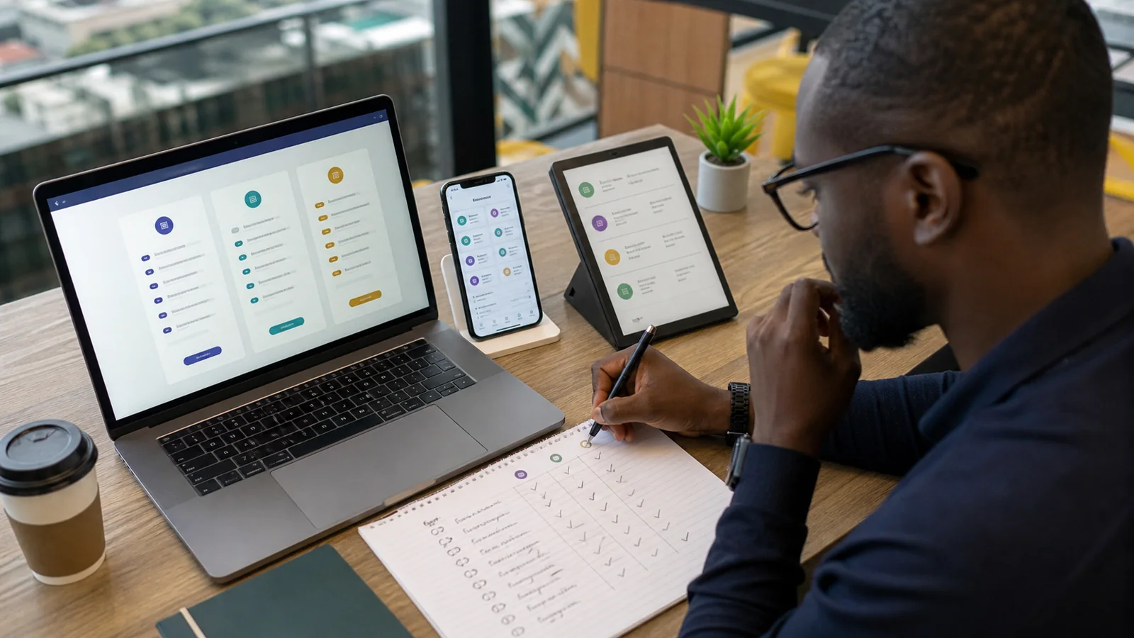 Black analyst comparing three gift card service workflows across web and mobile devices
