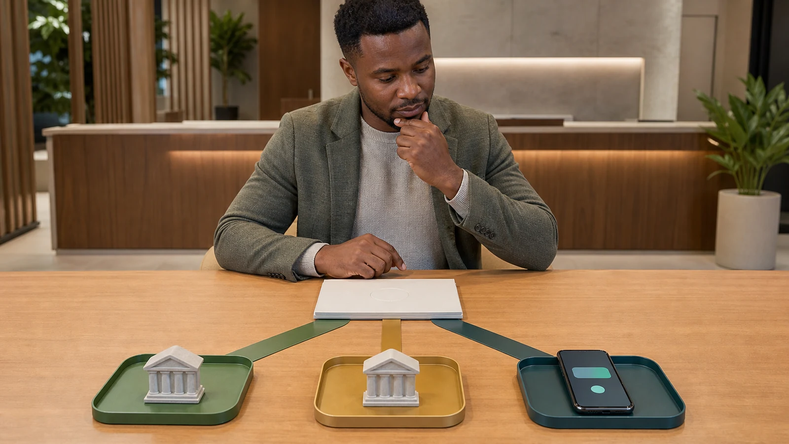Black customer comparing two bank payout routes and one secure digital wallet