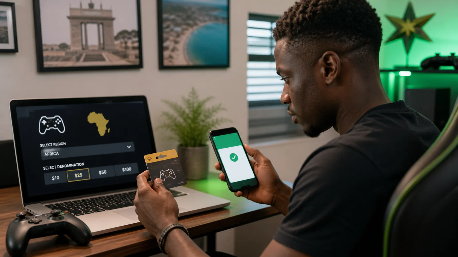 Black Ghanaian gamer checking a gaming card region before a local cedi payout