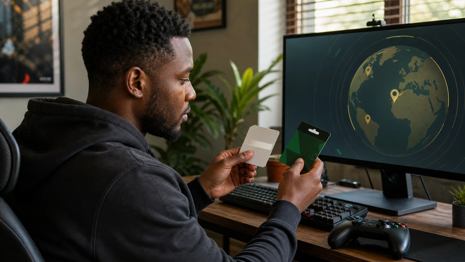 Black gamer checking a protected gaming gift card against a region globe